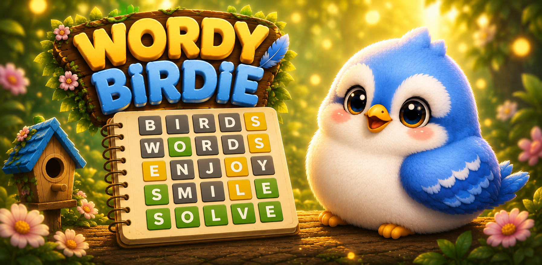 Wordy Birdie word puzzle featuring Birds, Words, Enjoy, Smile, and Solve