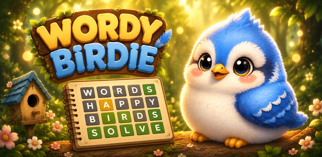 Wordy Birdie artwork showing a word puzzle and a blue bird