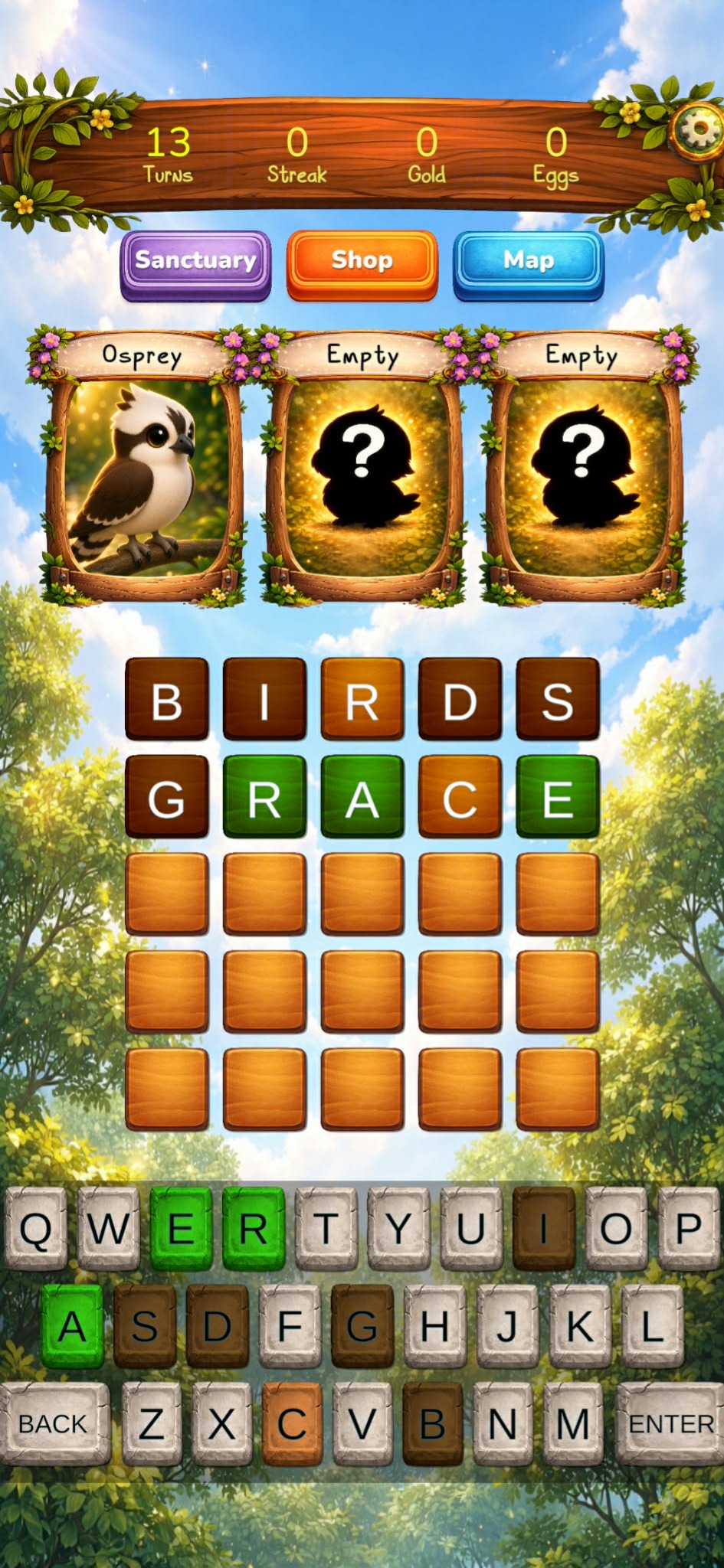 Wordy Birdie five-letter word puzzle gameplay